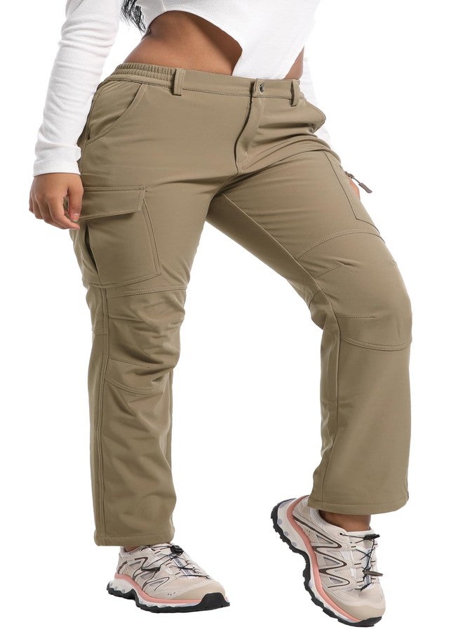 AREOUTS Women's Snow Ski Pants Fleece Lined Waterproof Softshell Insulated Winter Outdoor Hiking Cargo Pants, Khaki, L - Image 1