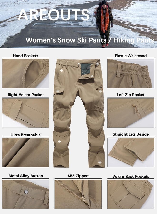 AREOUTS Women's Snow Ski Pants Fleece Lined Waterproof Softshell Insulated Winter Outdoor Hiking Cargo Pants, Khaki, L - Image 5