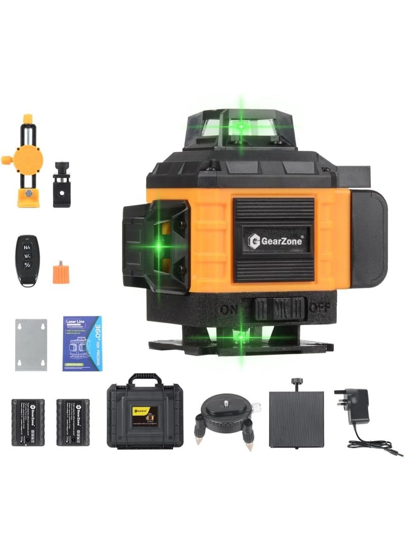 GearZone 16 Lines Laser 360 Level Self Leveling, 4x360° Professional 4D Green Cross Line laser Level for Construction and Picture Hanging with 2 Batteries,Magnetic Bracket & Remote Control - Image 1