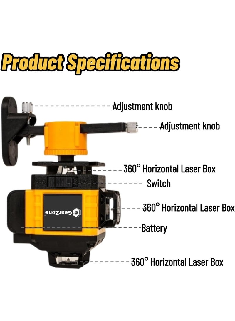 GearZone 16 Lines Laser 360 Level Self Leveling, 4x360° Professional 4D Green Cross Line laser Level for Construction and Picture Hanging with 2 Batteries,Magnetic Bracket & Remote Control - Image 2