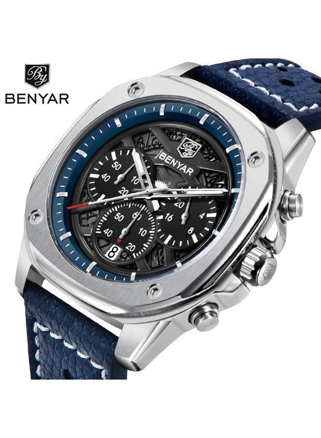 BENYAR Watches for Men Luxury Quartz Water Resistant Watch Men's Chronograph Genuine Leather Strap - Image 2
