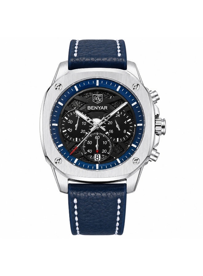 BENYAR Watches for Men Luxury Quartz Water Resistant Watch Men's Chronograph Genuine Leather Strap - Image 1