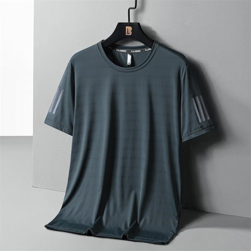 T-Shirt Men'S Summer Loose Plus Size Short Sleeve Ice Silk Three Bars Bottoming Shirt Round Neck Half Sleeve Thin Quick-Drying T-Shirt Fashion - Image 1