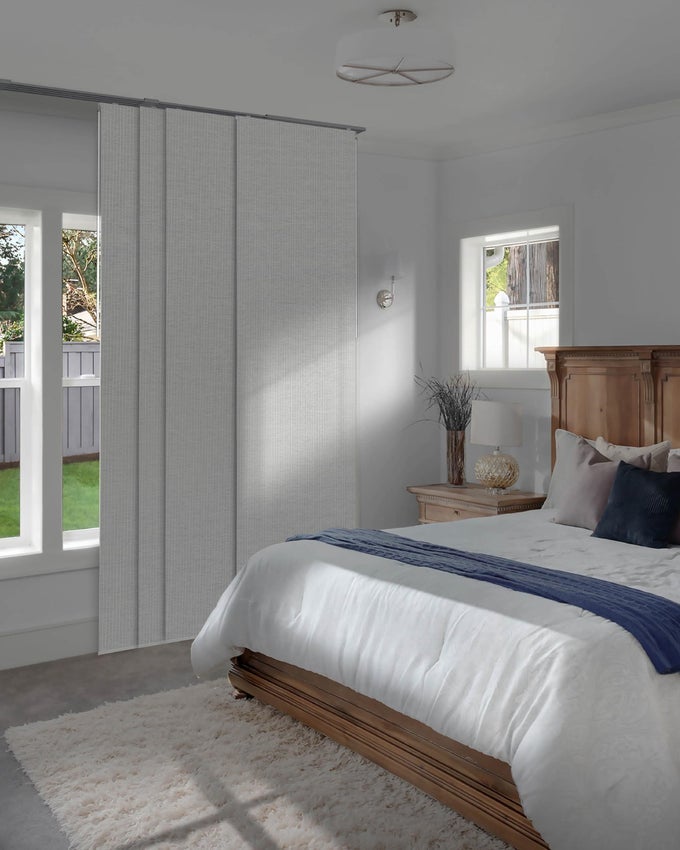 9999 BLACKOUT ADJUSTABLE SLIDING DOOR BLINDS PRIVACY CURTAIN PANELS EXTENDABLE TRACK FROM 458 TO 86 W TRIMMABLE FABRIC PANEL UP TO 96 H SNOWFALL NIGHT