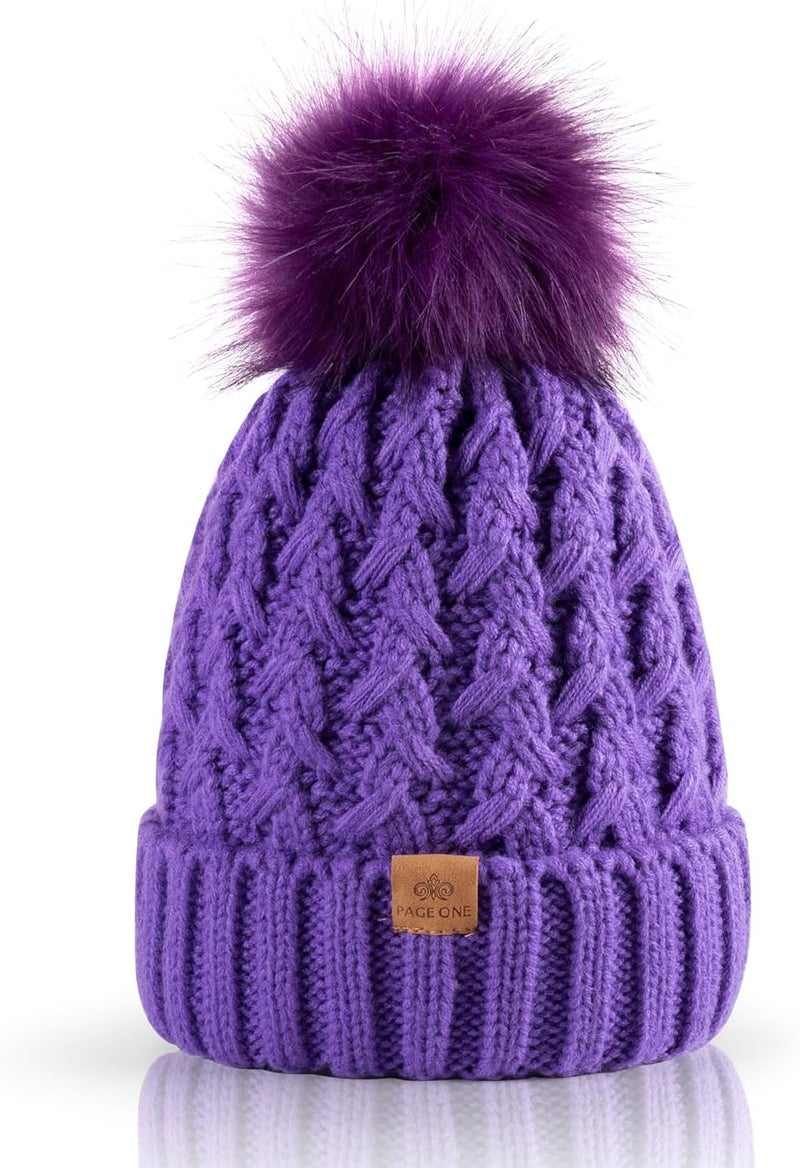 PAGE ONE Womens Winter Ribbed Beanie Crossed Cap Chunky Cable Knit Pompom Soft Warm Hat - Image 1