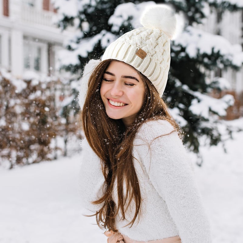 PAGE ONE Womens Winter Ribbed Beanie Crossed Cap Chunky Cable Knit Pompom Soft Warm Hat - Image 5