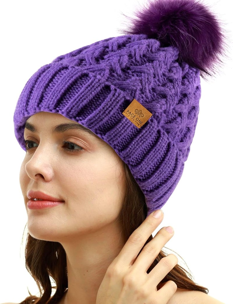 PAGE ONE Womens Winter Ribbed Beanie Crossed Cap Chunky Cable Knit Pompom Soft Warm Hat - Image 2