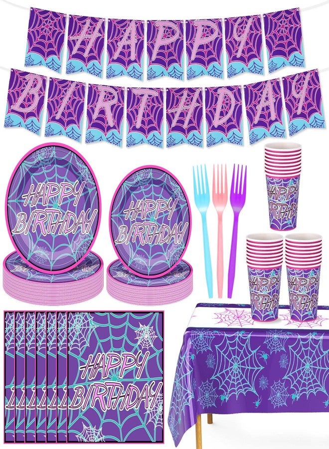 FoldTier 122 Pcs Ghost Spider Birthday Supplies and Decorations Spiderweb Party Plates and Napkins Spider Tablecloth Happy Birthday Banner for Halloween Christmas Party Favor - Image 1