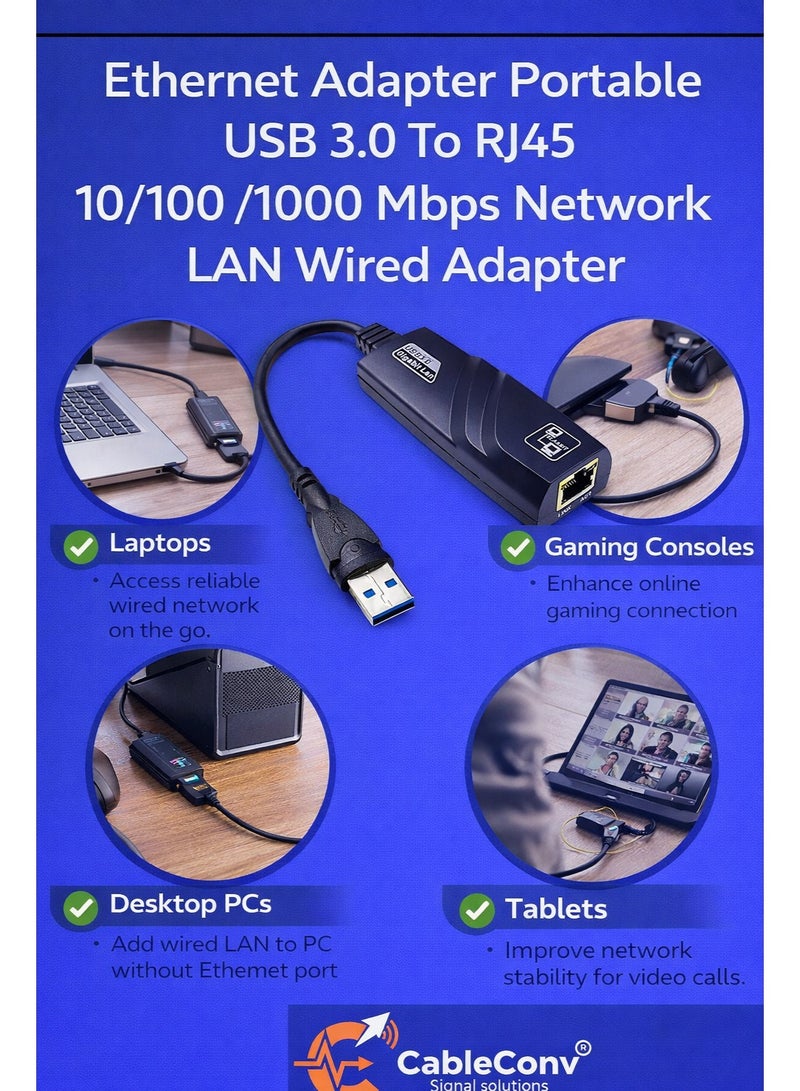 CABLE CONV USB 3.0 to RJ45 Ethernet Adapter Portable Gigabit LAN (10/100/1000 Mbps) – Wired Network Adapter for Chromebook, MacBook, Mac Pro/Mini, iMac, XPS, Surface Pro, Ultrabook, Windows, Linux PC – Black - Image 2