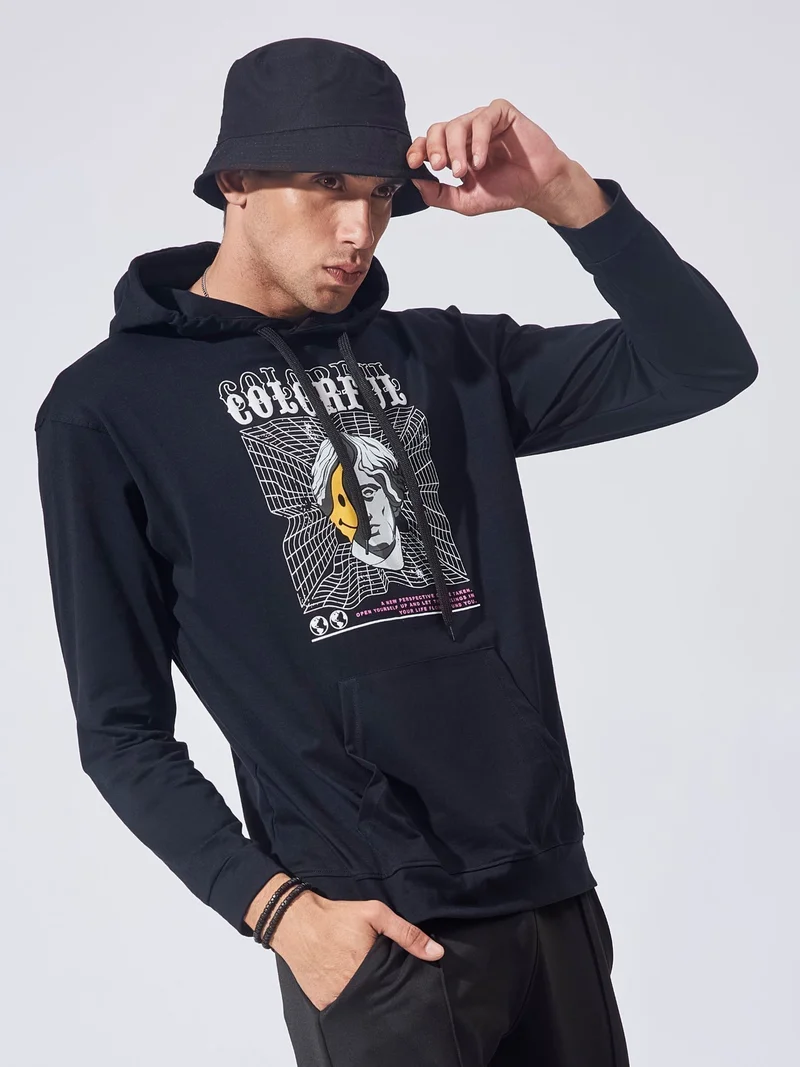 مانياك تيشيرت قطن رجالي مانياك بطبعة، بياقة بغطاء رأس، أكمام كاملة، مقاس واسع، أسود وأبيض