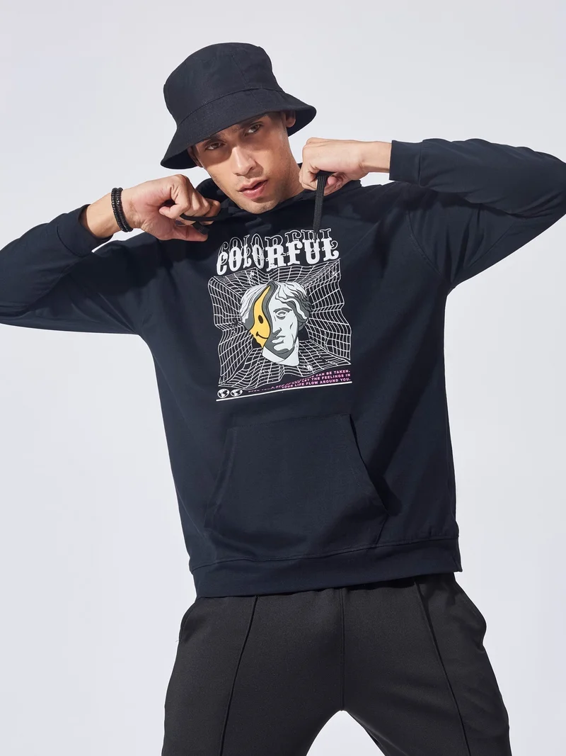 مانياك تيشيرت قطن رجالي مانياك بطبعة، بياقة بغطاء رأس، أكمام كاملة، مقاس واسع، أسود وأبيض