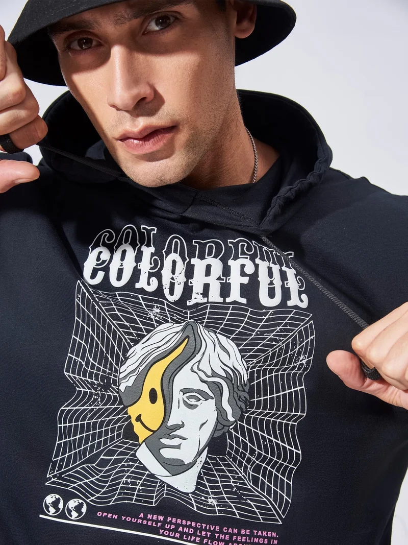 مانياك تيشيرت قطن رجالي مانياك بطبعة، بياقة بغطاء رأس، أكمام كاملة، مقاس واسع، أسود وأبيض