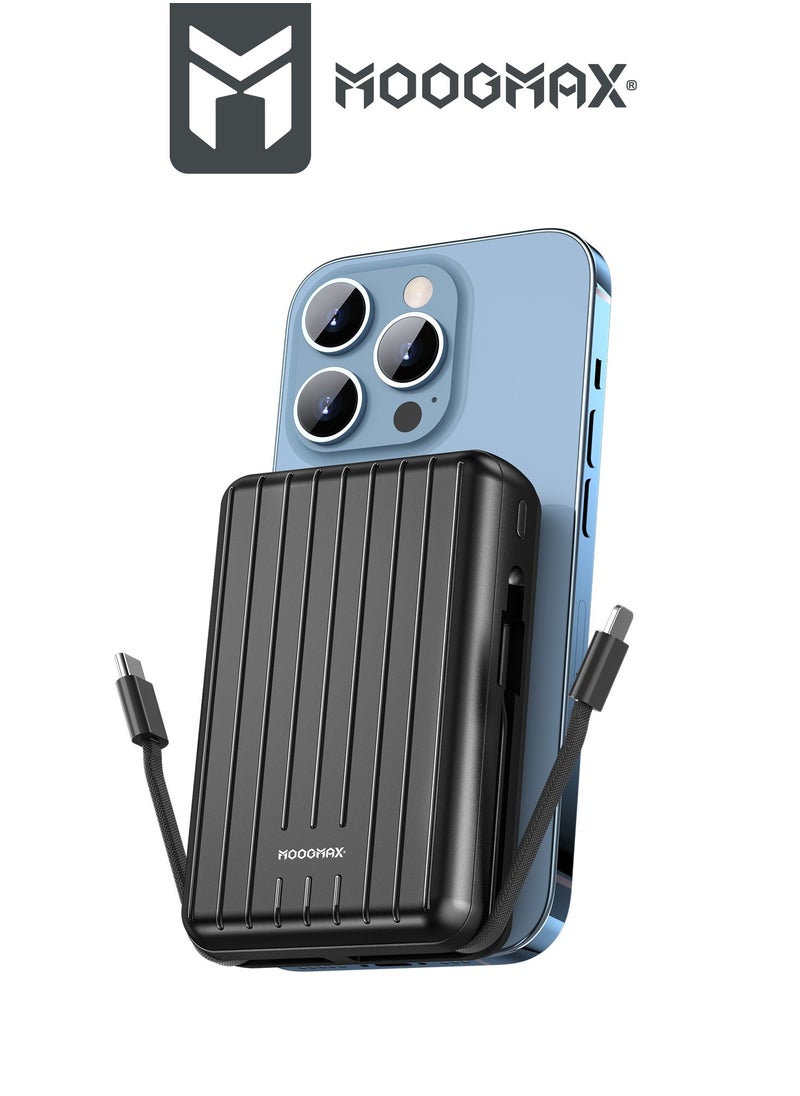 MOOGMAX - 20000mAh Trunk series magnetic wireless power bank  22.5W super-charging, two built-in cables with 15W wireless charging, 3 external ports 1 Type-C and 1 Type-A, and a Lightning port. black - Image 1