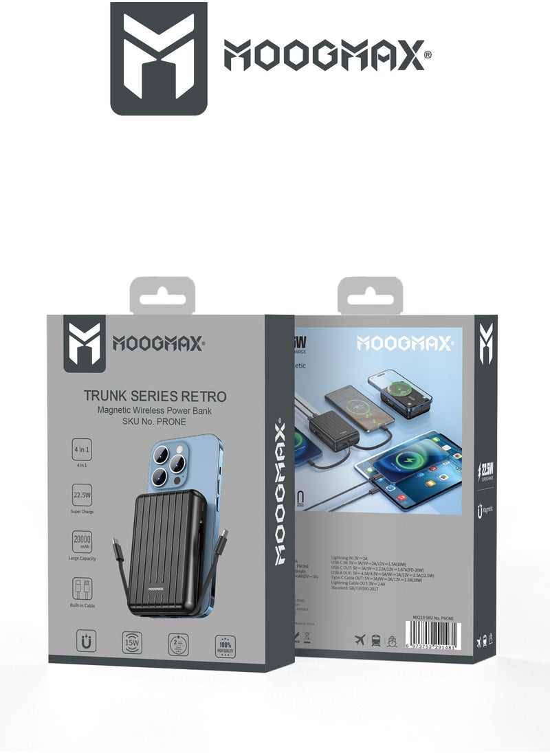 MOOGMAX - 20000mAh Trunk series magnetic wireless power bank  22.5W super-charging, two built-in cables with 15W wireless charging, 3 external ports 1 Type-C and 1 Type-A, and a Lightning port. black - Image 1