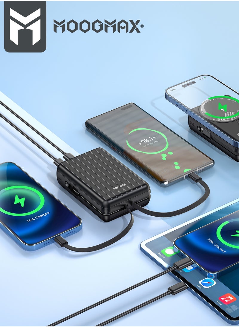MOOGMAX - 20000mAh Trunk series magnetic wireless power bank  22.5W super-charging, two built-in cables with 15W wireless charging, 3 external ports 1 Type-C and 1 Type-A, and a Lightning port. black - Image 1