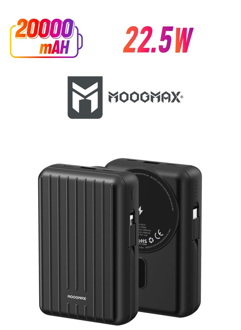 MOOGMAX - 20000mAh Trunk series magnetic wireless power bank  22.5W super-charging, two built-in cables with 15W wireless charging, 3 external ports 1 Type-C and 1 Type-A, and a Lightning port. black - Image 1