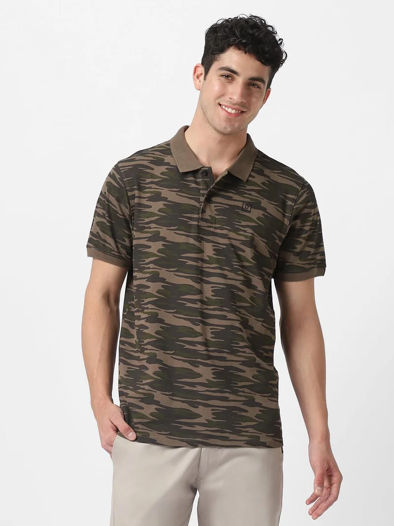 أوربانو فاشن Urbano Fashion Men's Green Military Camouflage Printed Slim Fit Cotton Polo T-Shirt