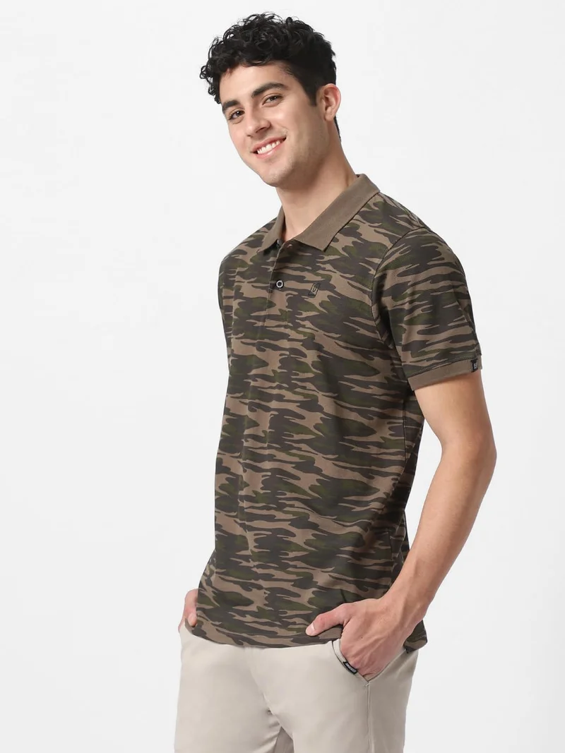 أوربانو فاشن Urbano Fashion Men's Green Military Camouflage Printed Slim Fit Cotton Polo T-Shirt