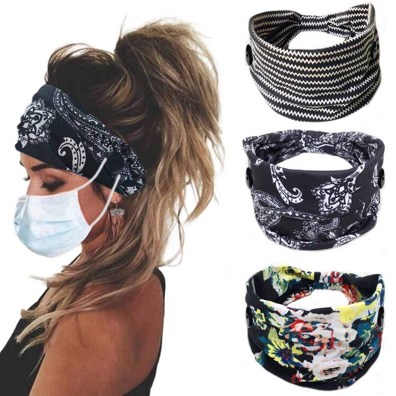 Bohend Boho Button Headband Wide Stretchy Daily Use Knotted Headwear Sport Athletic Yoga Gym Hair Accessories for Women and Girls3pcs B