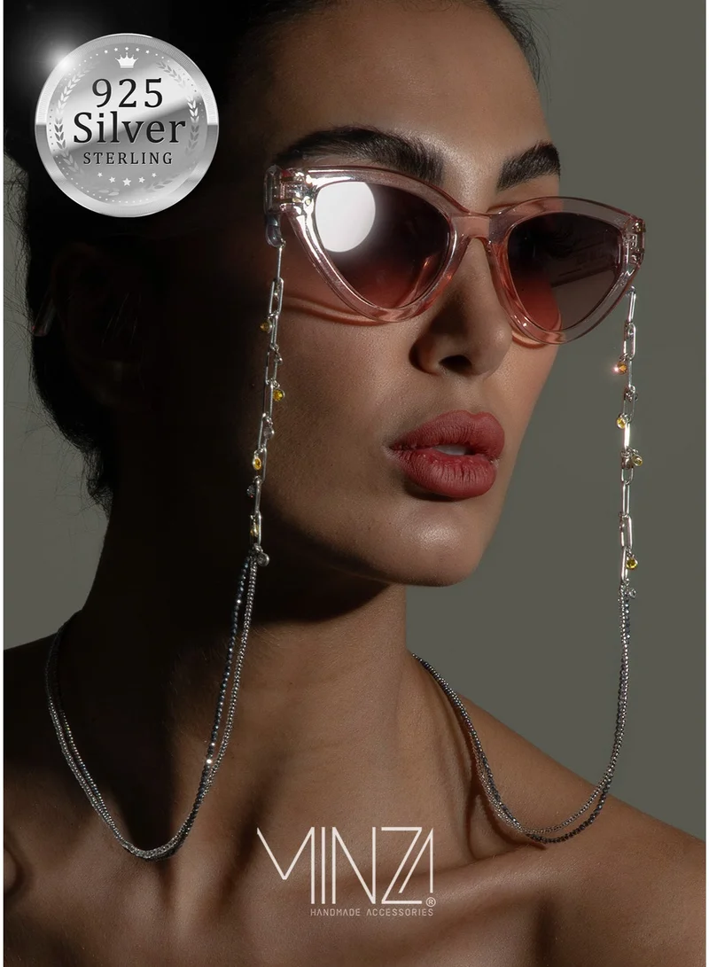Minza Minza “Citrina” Women’s Eyewear Chain, 925 Sterling Silver (8g) & Crystal Beads, Handmade Silver Glasses Chain for Sunglasses & Eyeglasses, Elegant Beaded Eyewear Accessory for Everyday Wear.