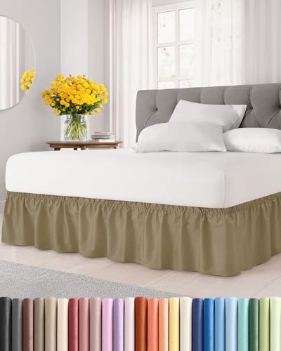 CGK Unlimited Wrap Around Dust Ruffle Bed Skirt Khaki for Queen Size Beds w 15 Inch Drop Easy Fit Elastic Strap Adjustable Pleated Bedskirt wBrushed Fabric Wrinkle Free for Women Men Kids Teens - Image 1