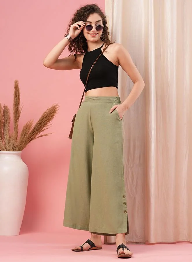Globus Olive Mid Rise Semi Elastic Waist Opaque Wide Leg Palazzos for Women | Best Price UAE