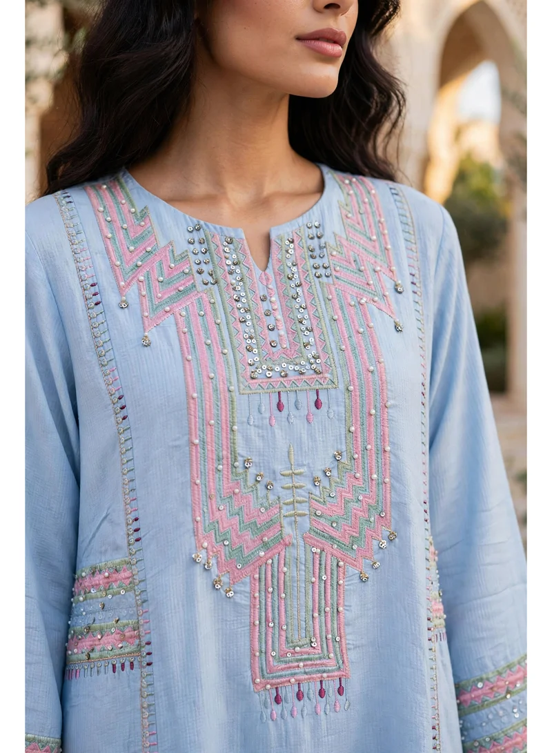 Ikkxa  Geometric Embroidered Notch Neck Maxi Jalabiya for Women | Best Price UAE