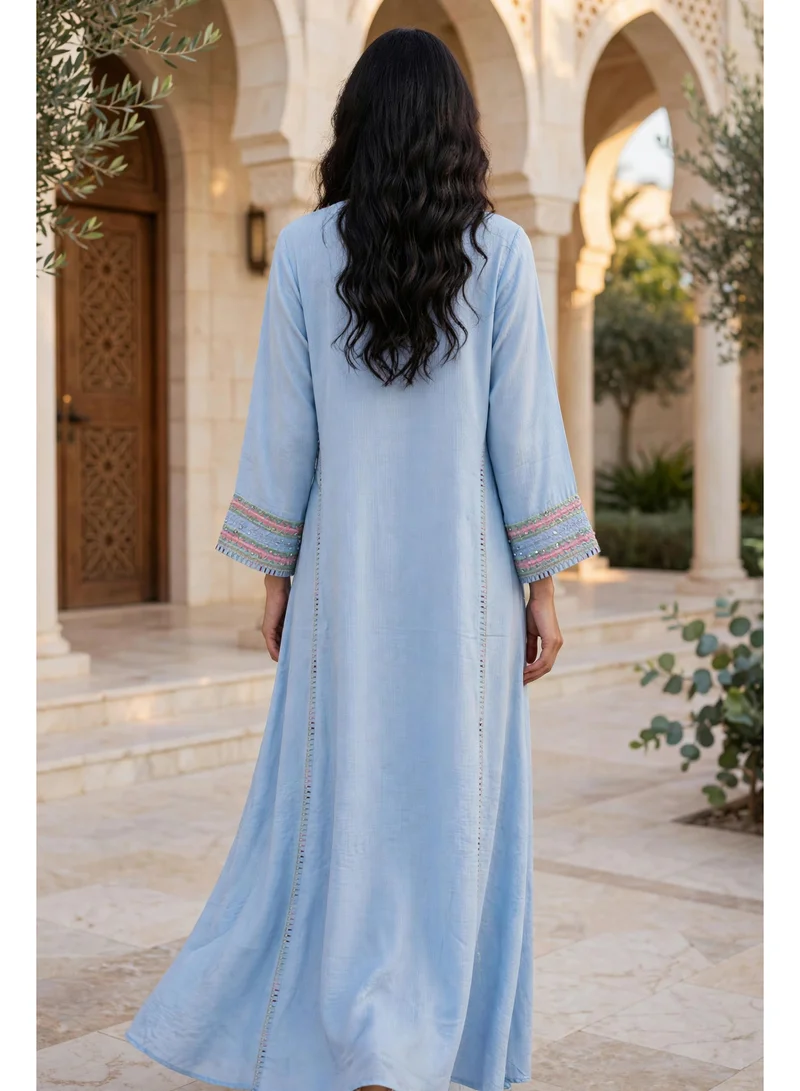 Ikkxa  Geometric Embroidered Notch Neck Maxi Jalabiya for Women | Best Price UAE