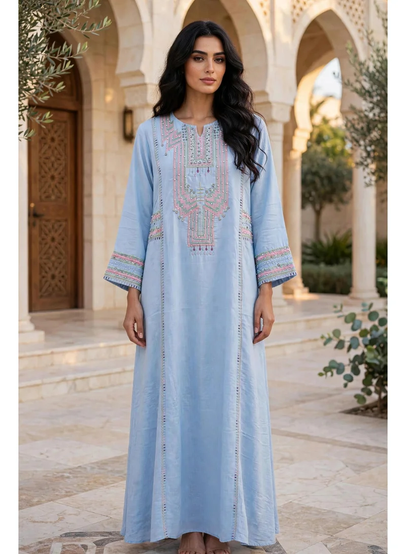 Geometric Embroidered Notch Neck Maxi Jalabiya