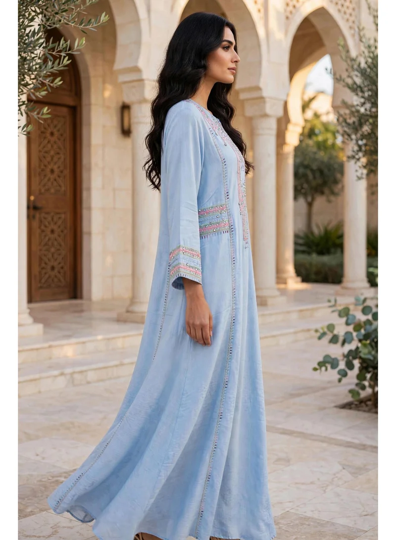 Ikkxa  Geometric Embroidered Notch Neck Maxi Jalabiya for Women | Best Price UAE