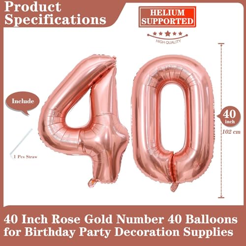 Lovoir Rose Gold 40 Number Balloons 40 Inch Giant Number 40 Balloons Foil Mylar Helium Rose Gold Number Balloons for 40th Birthday Party Supplies Anniversary Event Celebration Decorations - Image 5