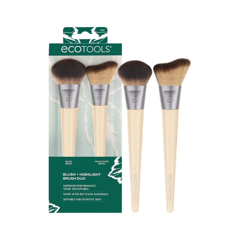 EcoTools Blush + Highlight Brush Duo, Makeup Brushes For Liquid, Cream, & Powder Highlight & Blush, Enhance Natural Skin, Eco-Friendly Makeup Brush Set, Synthetic Bristles, 2 Piece Set - Image 1