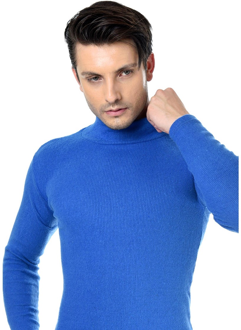 Belifanti Collection Men's Saks Blue Half Turtleneck Slim Fit Sweater  - Image 2