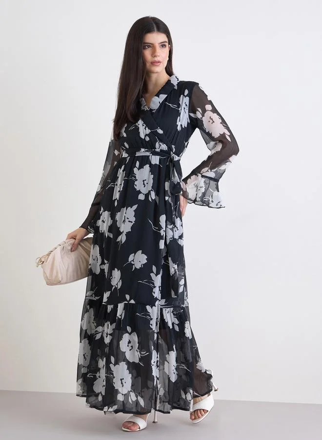 Styli Women Floral Print Bell Sleeves Wrap Maxi Dress