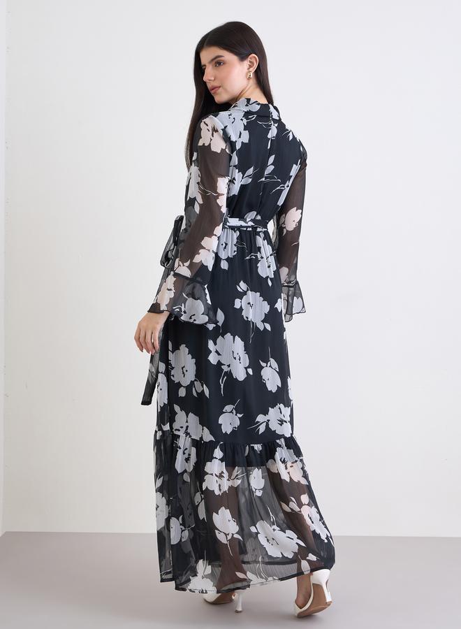 ستايلي فستان طويل بكم جرس بطبعة زهور وقصة لف - Image 4