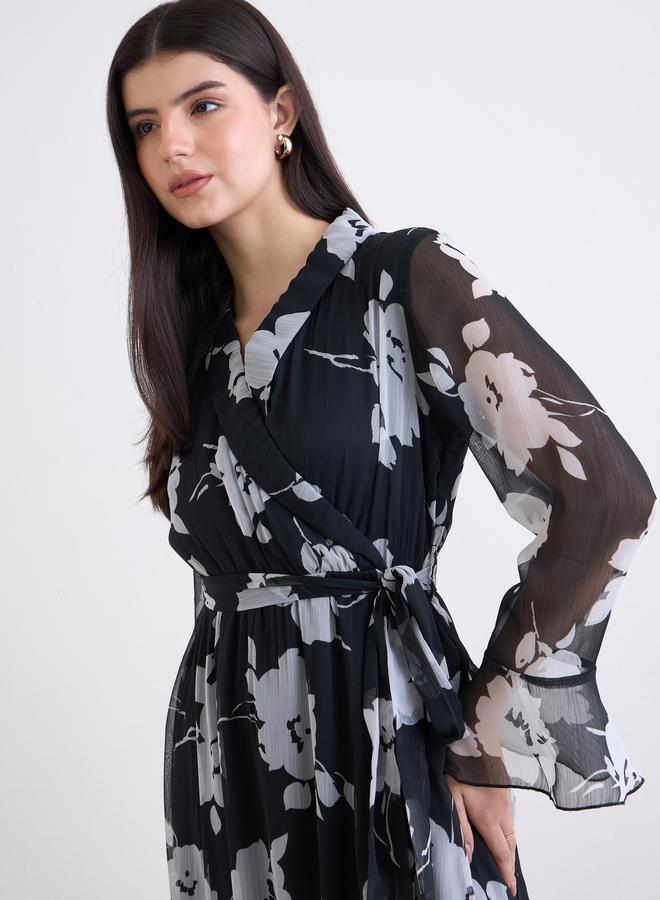 ستايلي فستان طويل بكم جرس بطبعة زهور وقصة لف - Image 3