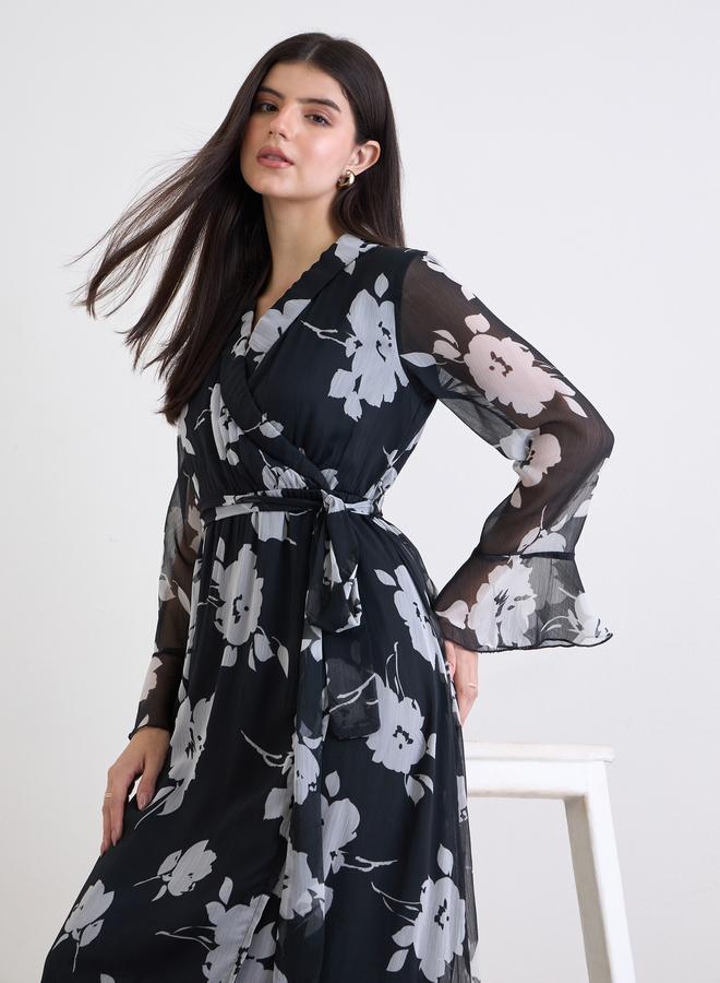 ستايلي فستان طويل بكم جرس بطبعة زهور وقصة لف - Image 1