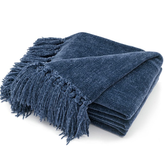 THROW BLANKET SOFT COZY CHENILLE THROW BLANKET WITH FRINGE TASSEL FOR COUCH SOFA CHAIR BED LIVING ROOM GIFT BLUE 50 X 60