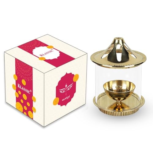 Klassic Vachi 5 Inch Brass Diya with Borosilicate Glass Shade & Gold Lid | Cylindrical Oil Lamp for Mandir, Pooja & Aarti | Wind-Protected Jyoti Light for Home Decor (Pack of 1) - Image 2