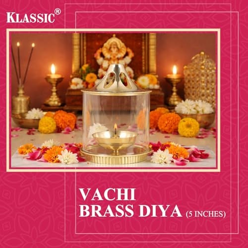 Klassic Vachi 5 Inch Brass Diya with Borosilicate Glass Shade & Gold Lid | Cylindrical Oil Lamp for Mandir, Pooja & Aarti | Wind-Protected Jyoti Light for Home Decor (Pack of 1) - Image 5