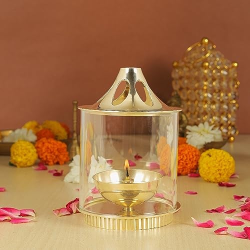 Klassic Vachi 5 Inch Brass Diya with Borosilicate Glass Shade & Gold Lid | Cylindrical Oil Lamp for Mandir, Pooja & Aarti | Wind-Protected Jyoti Light for Home Decor (Pack of 1) - Image 1