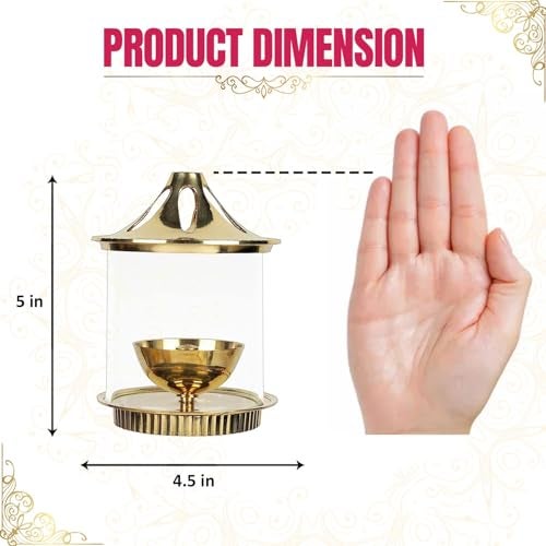 Klassic Vachi 5 Inch Brass Diya with Borosilicate Glass Shade & Gold Lid | Cylindrical Oil Lamp for Mandir, Pooja & Aarti | Wind-Protected Jyoti Light for Home Decor (Pack of 1) - Image 3