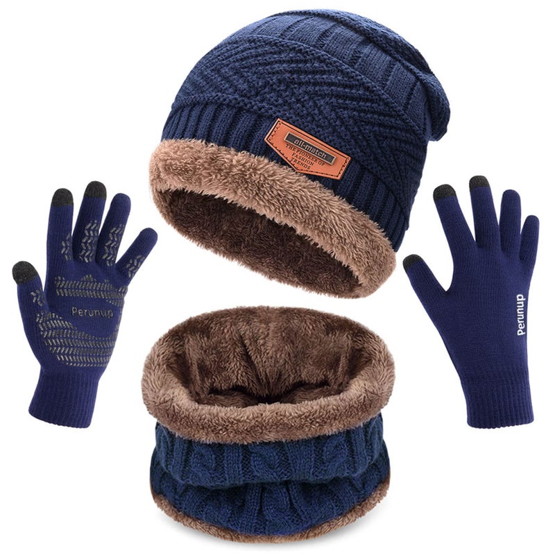 Winter Caps Hat Scarf and Glove 3 Pcs Set for Men, Slouchy Beanies for Guys with Mens Gloves with Touch Screen Navy