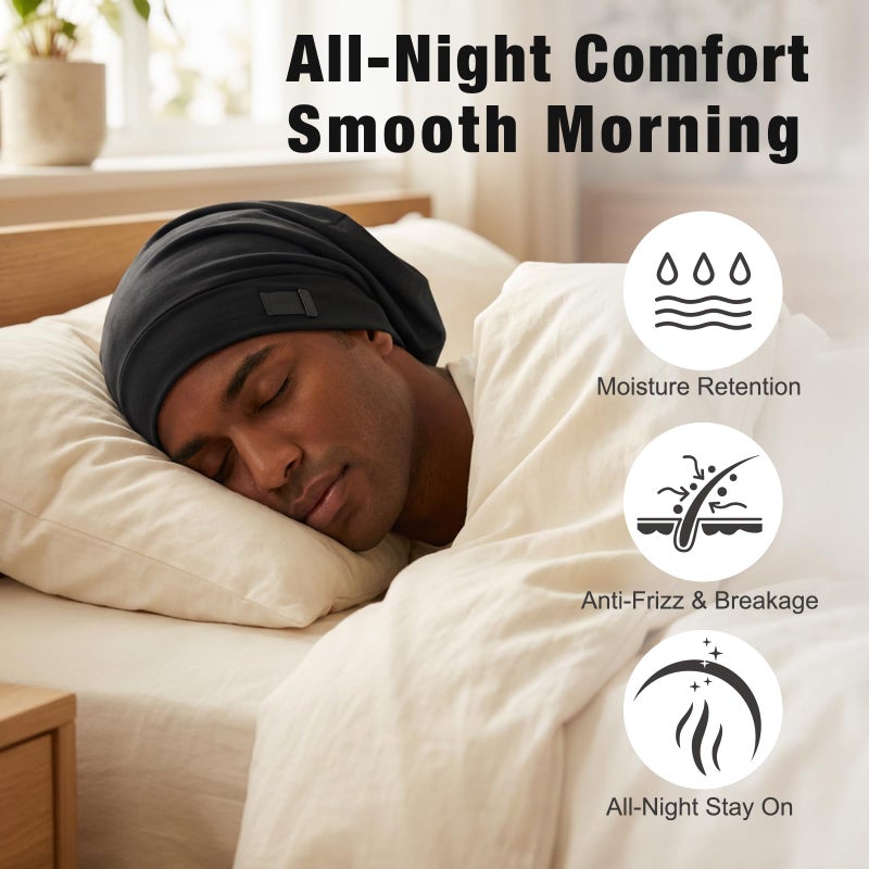 Srevela 2 Pack Silk Satin Hair Bonnet for Men, Adjustable Stay-On Sleep Cap Beanie for Curly Hair, Soft Breathable Night Hat for All Types - Image 2