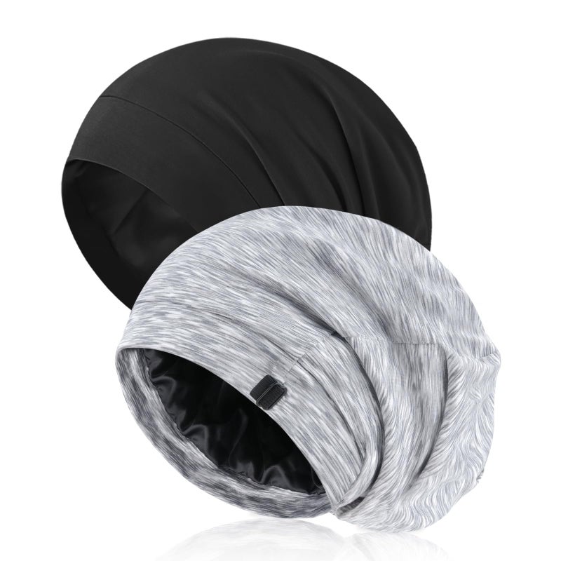 Srevela 2 Pack Silk Satin Hair Bonnet for Men, Adjustable Stay-On Sleep Cap Beanie for Curly Hair, Soft Breathable Night Hat for All Types - Image 1