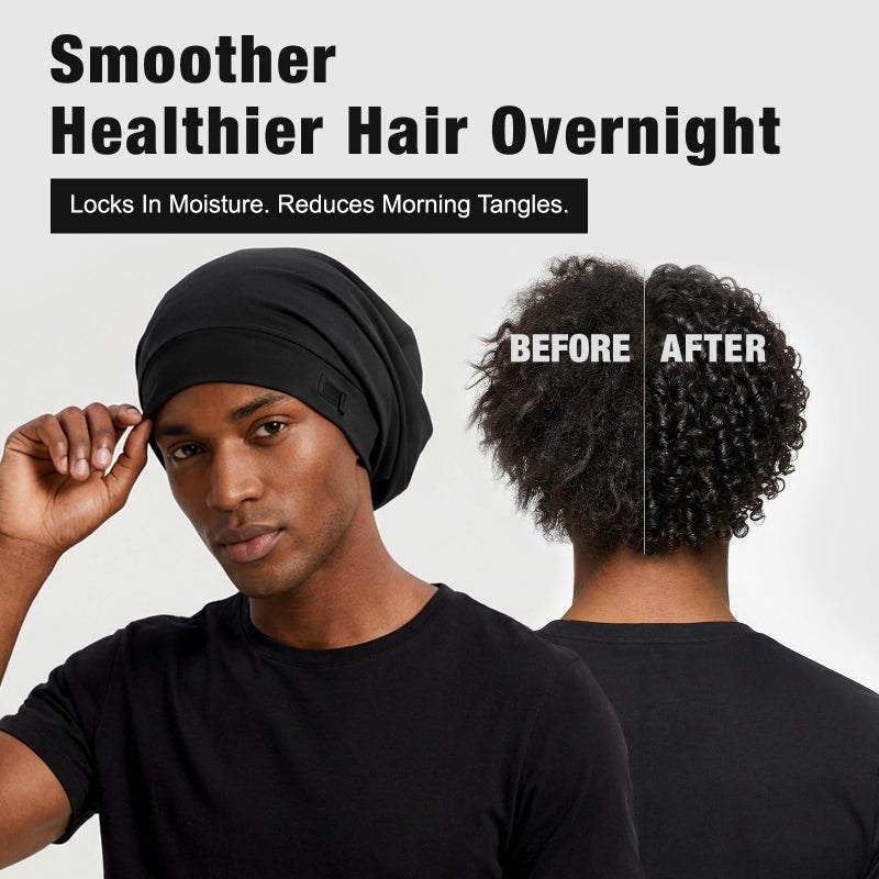 Srevela 2 Pack Silk Satin Hair Bonnet for Men, Adjustable Stay-On Sleep Cap Beanie for Curly Hair, Soft Breathable Night Hat for All Types - Image 3