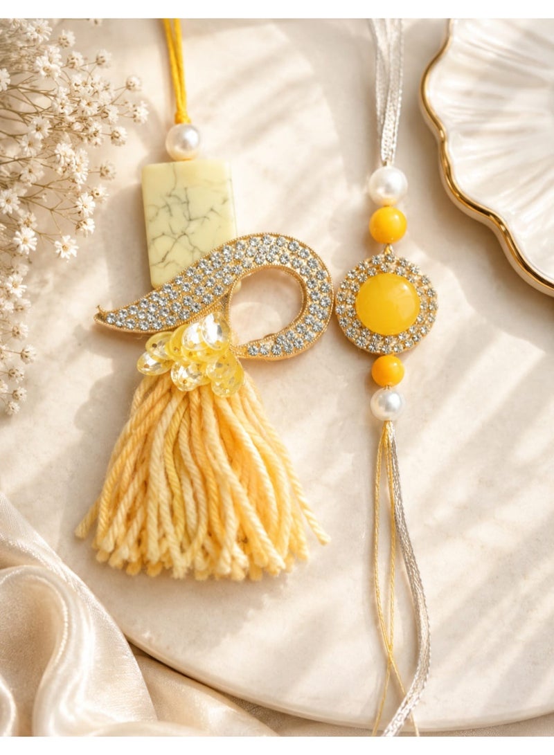 Embellished Rakhi Set with Tassel and Beads - Yellow/Gold Tones