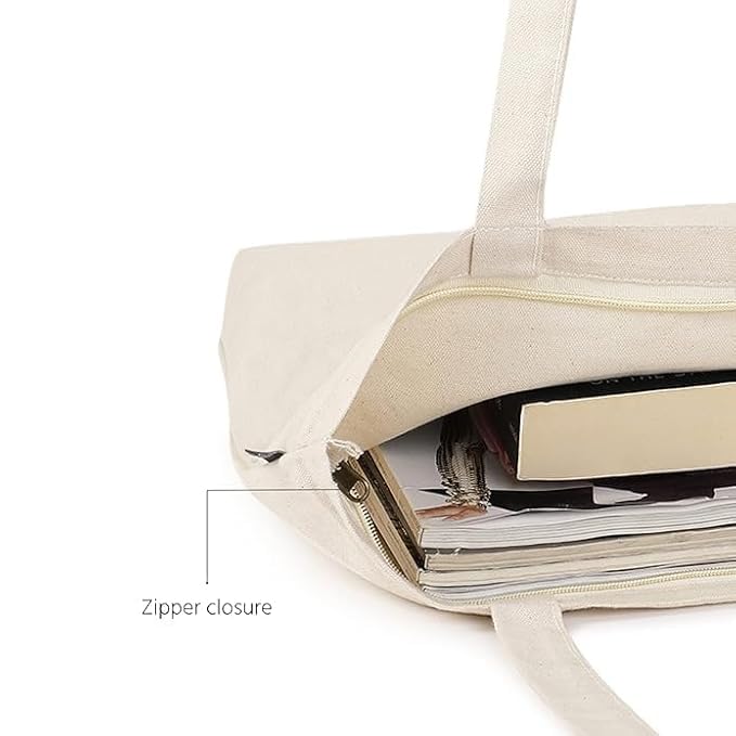 TrendoPrint Canvas White Tote Bags for Women with Zip 15Kgs Capacity, College Bag for Girls, 100% Organic Cotton Tote Bag for Shopping, Travel &Beach - Image 5