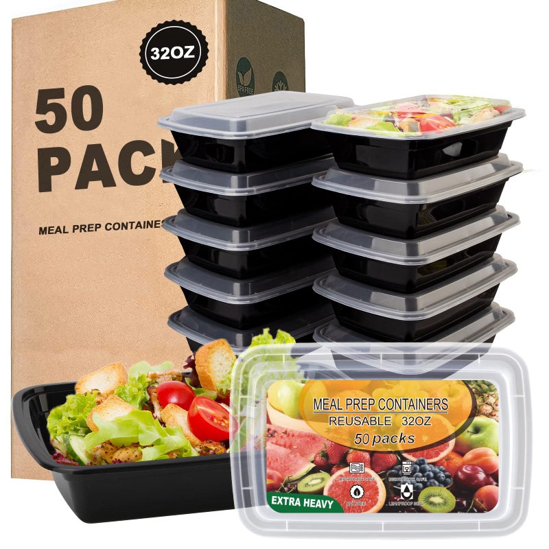 Ezalia 50 Pack- Meal Prep Containers 32oz, Plastic Food Prep Containers Reusable, Leakproof To Go Food Containers with Lids, BPA-Free, Microwave/Dishwasher/Freezer Safe - Image 1