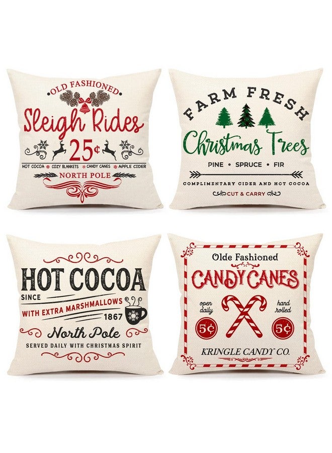 4TH Emotion Farmhouse Christmas Pillow Covers 20x20 Set of 4 Winter Holiday Decorations Xmas Rustic Throw Cushion Case for Sofa Couch Home Decor (Sleigh Rides, Farm Fresh Tree, Cocoa, Candy Canes) - Image 1